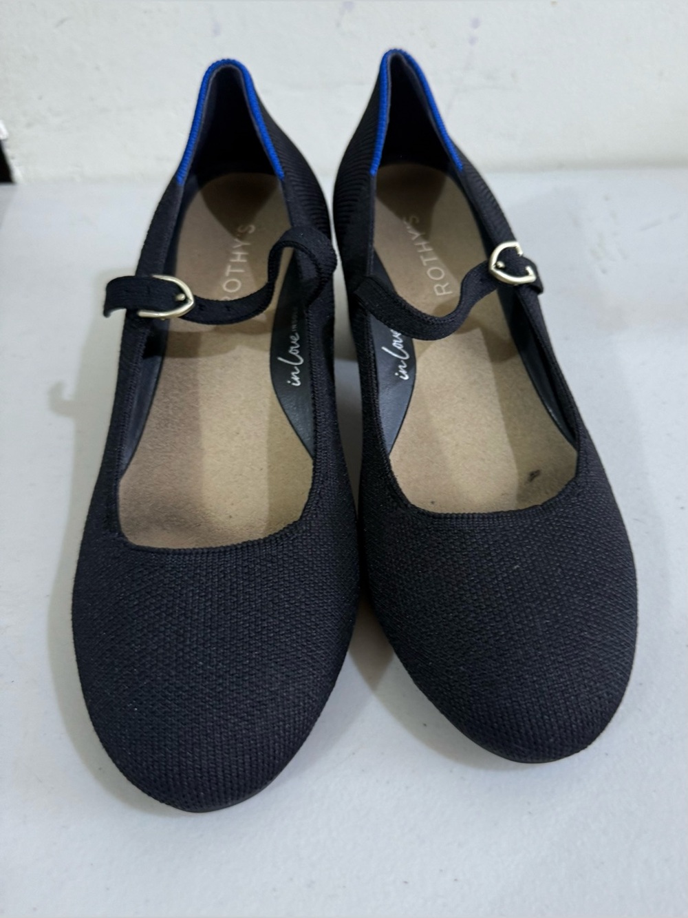 Rothy's Black Mary Jane Flats with Blue Heel Trim